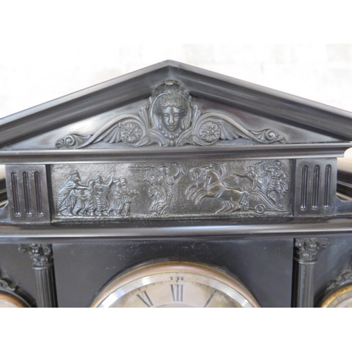 491 - A 19th century century architectural black marble mantle clock/barometer with a 8 day movement, tick... 