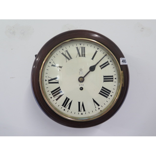 493 - A 10inch dial fusee movement G.P.O wall clock with crown on dial - working with pendulum and dial