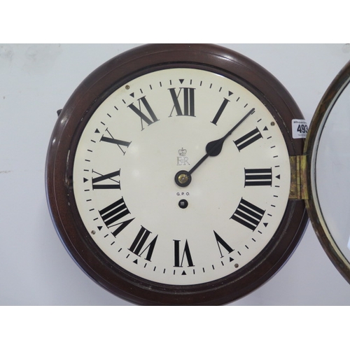 493 - A 10inch dial fusee movement G.P.O wall clock with crown on dial - working with pendulum and dial