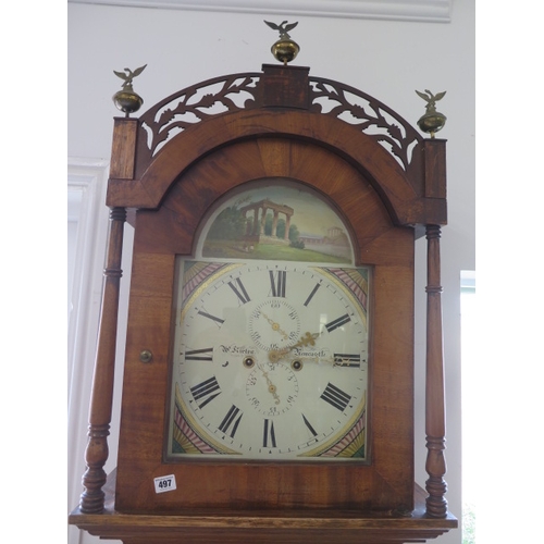 497 - A 19th century 8 day longcase clock with a painted arched dial signed Kirton, Newcastle in an oak an... 