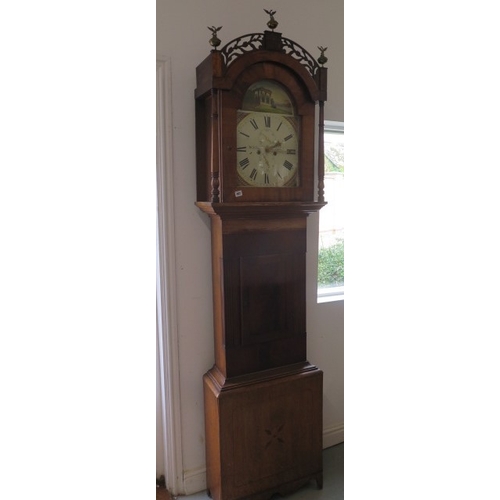 497 - A 19th century 8 day longcase clock with a painted arched dial signed Kirton, Newcastle in an oak an... 