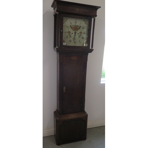 498 - An 8 day longcase clock in an oak and mahogany crossbanded case with a painted dial with lunar moon,... 