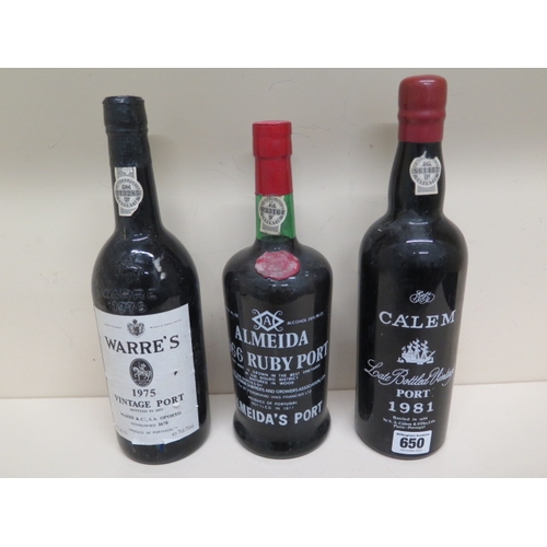 650 - Three bottles of Port to include Warre's Vintage Port 1975, one bottle of Calem 1981 and a bottle of... 