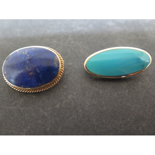 83 - Two 9ct yellow gold brooches with Lapis Lazuli and turquoise - approx 2.8cm and 3.1cm