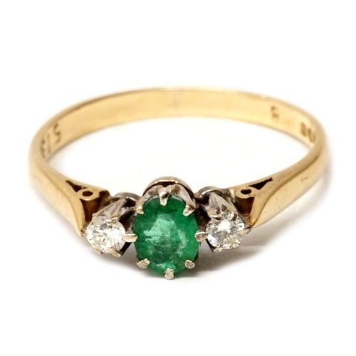 100 - A 9ct yellow gold (hallmarked) emerald and diamond three stone ring size N - weight approx 1.9 grams