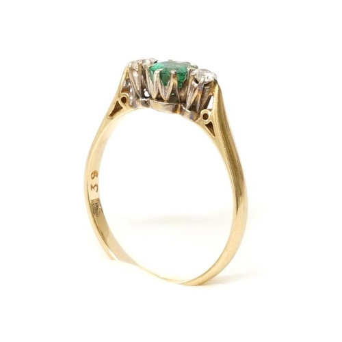 100 - A 9ct yellow gold (hallmarked) emerald and diamond three stone ring size N - weight approx 1.9 grams