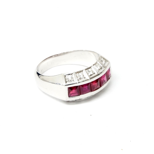 126 - A handmade 18ct white gold Art Deco style ring (10.1g) channel set with princess cut rubies, with ro... 