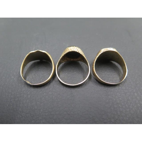 150 - Three men's 9ct (hallmarked) yellow gold rings sizes P, P, M - weight approx 13.8 grams