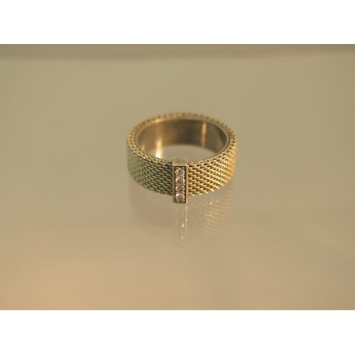 156 - A silver Tiffany style mesh ring with diamonds - ring size N