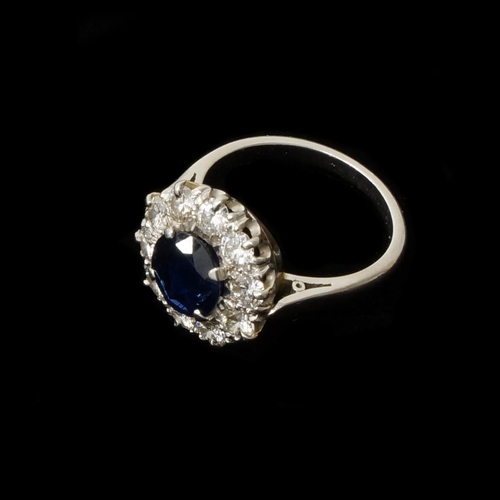 169 - A good sapphire and diamond cluster ring - central sapphire approx 7mm diameter surrounded by 10 rou... 