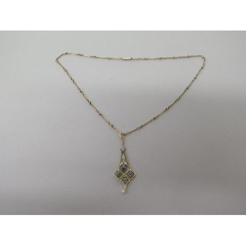 191 - An Edwardian 9ct rose gold (hallmarked) pendant and chain - pendant approx 6cm set with diamonds, aq... 