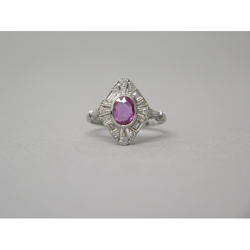 210 - An Art Deco style platinum pink oval sapphire and diamond ring - head size approx 16mm x 14mm - ring... 