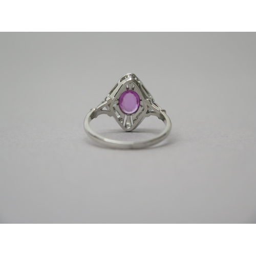 210 - An Art Deco style platinum pink oval sapphire and diamond ring - head size approx 16mm x 14mm - ring... 