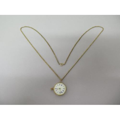 235 - A 14ct yellow gold (hallmarked) fob watch - case approx 27mm - with gold plated chain