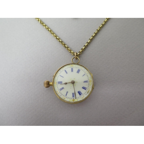 235 - A 14ct yellow gold (hallmarked) fob watch - case approx 27mm - with gold plated chain