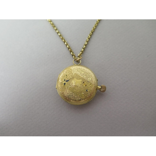 235 - A 14ct yellow gold (hallmarked) fob watch - case approx 27mm - with gold plated chain