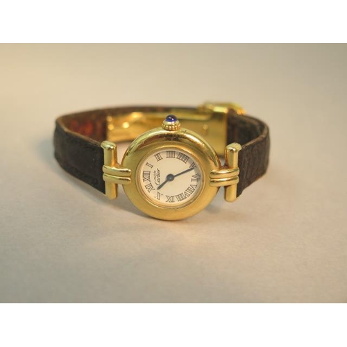 243 - A Must de Cartier silver gilt quartz wristwatch - case 24mm - white dial and jewelled crown the leat... 