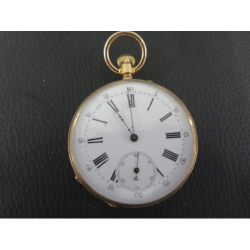 261 - An 18ct gold open face keyless pocket watch - the 40mm dial with Roman numerals, seconds subsidiary,... 