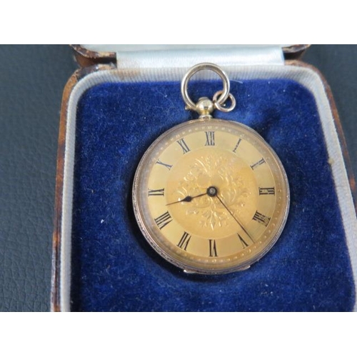 262 - A 14ct gold open face key wound pocket watch - the 35mm gilt dial with Roman numerals, finely engrav... 