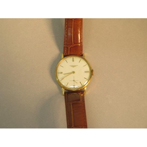 274 - A gents 18ct gold Longines watch with seconds hand on a leather strap - in its original Watches of S... 