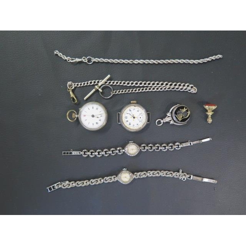 277 - Two silver and marcasite ladies watches, a silver cased wristwatch and fob watch with silver watch c... 