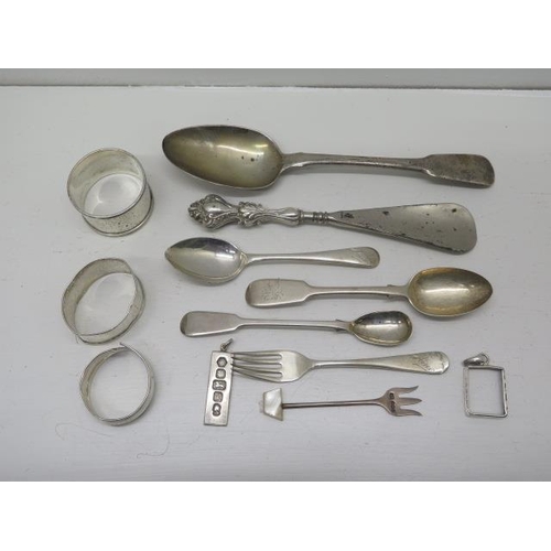 302A - Assorted silver items (hallmarked) spoons, ingot, napkin rings etc