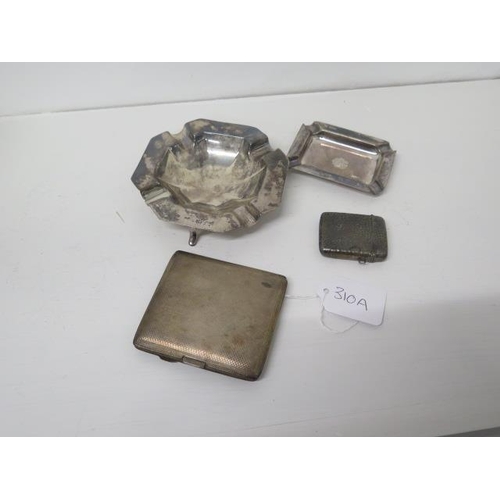 310A - Two silver ashtrays, a silver cigarette case and a silver vesta case - weight approx 7.8 troy oz