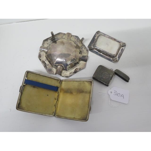 310A - Two silver ashtrays, a silver cigarette case and a silver vesta case - weight approx 7.8 troy oz