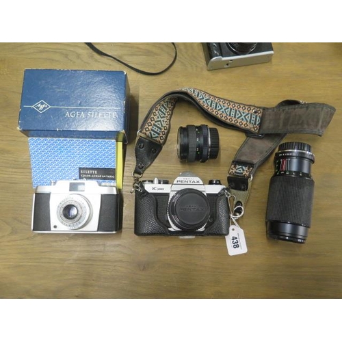 685 - Assorted cameras and accessories - Pentax K1000 (working) with additional wide lens and an Agfa Sile... 