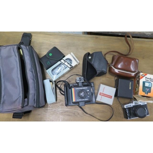 685 - Assorted cameras and accessories - Pentax K1000 (working) with additional wide lens and an Agfa Sile... 