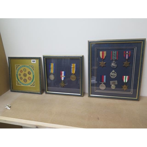 449 - A set of framed 1st World War and Second World War medals and a framed set of 1999 uncirculated coin... 