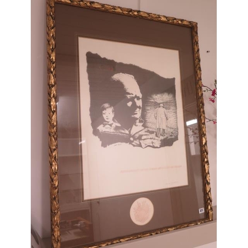 471 - A lithograph of Winston Churchill signed Sarah Churchill in a gilt frame - 98cm x 74cm