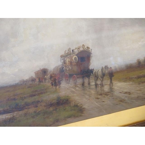 480 - An oil on canvas Travellers & Horses on a Country Path - in a gilt frame - 85cm x 68cm - signed vers... 