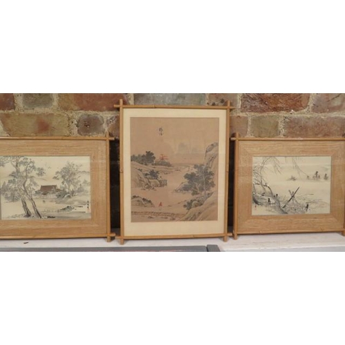 481 - Three signed Japanese watercolours - the larger one is on silk, 42cm x 34cm  - the other two 40cm x ... 