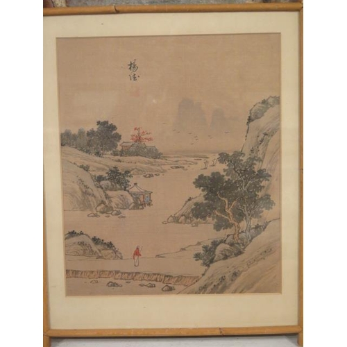 481 - Three signed Japanese watercolours - the larger one is on silk, 42cm x 34cm  - the other two 40cm x ... 