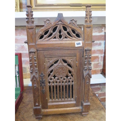 505 - A Gothic carved and pierced pine table top cabinet with lock and key - approx 60cm x 25cm x 33cm