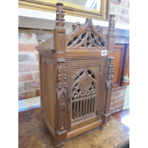 505 - A Gothic carved and pierced pine table top cabinet with lock and key - approx 60cm x 25cm x 33cm