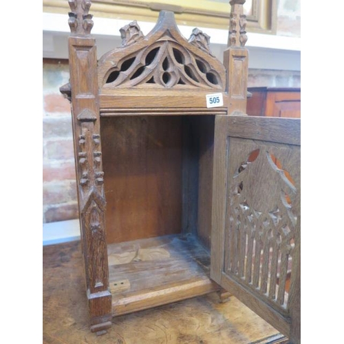 505 - A Gothic carved and pierced pine table top cabinet with lock and key - approx 60cm x 25cm x 33cm