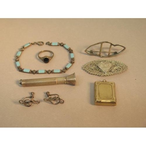 71 - Silver jewellery to include a cigar piercer, locket, two brooches, ring, bracelet and earrings