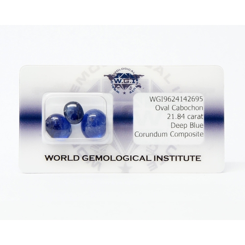 91 - 3 certificated and security-sealed blue cabochon oval deep blue sapphires 21.84ct - Cert no. WGI9624... 