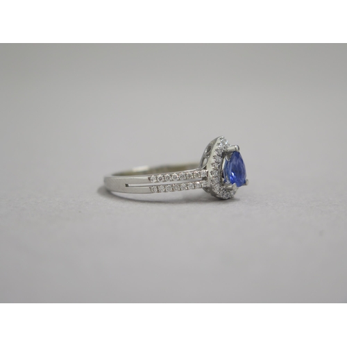 204 - An 18ct white gold pear shaped sapphire and diamond ring, diamonds are well matched and bright and l... 