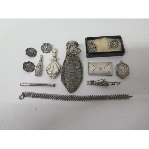 308 - Assorted silver and white metal items including stamp envelope, toothpick, Art Nouveau buttons, pair... 