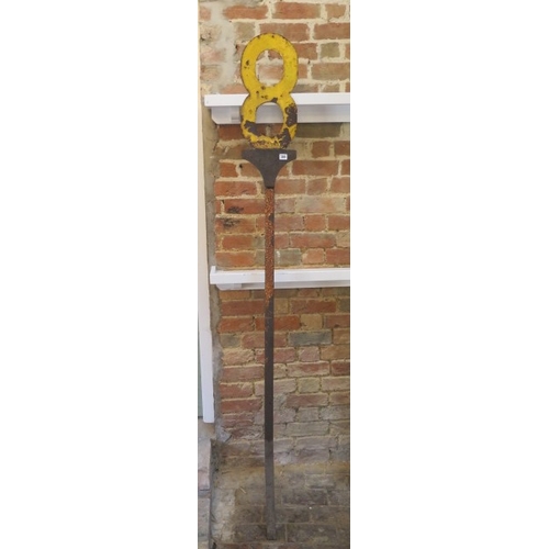 406 - A cast iron railway 8mph speed sign with original yellow paint - full size as removed 7ft tall