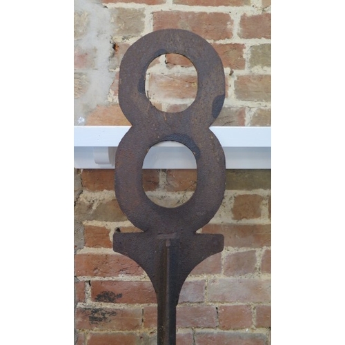 406 - A cast iron railway 8mph speed sign with original yellow paint - full size as removed 7ft tall