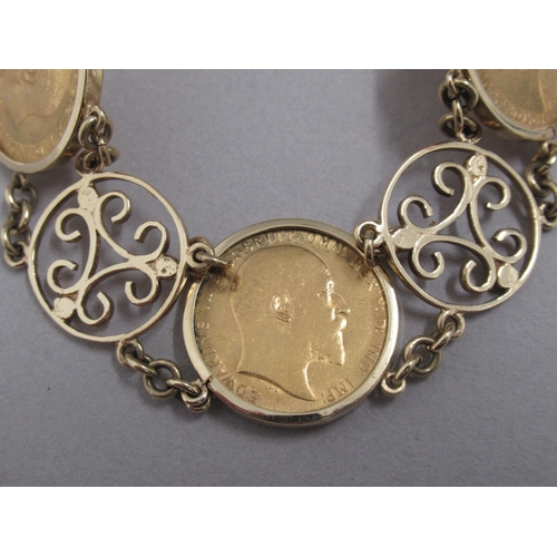 12 - A three gold sovereign bracelet, 1893, 1908 and 1913 set in 9ct yellow gold, total weight approx 39.... 