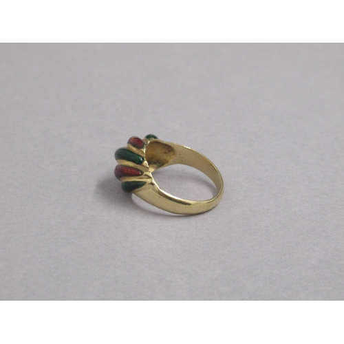 175 - An 18ct yellow gold (hallmarked) ring with red and green enamel - ring size O - approx weight 6.9 gr... 