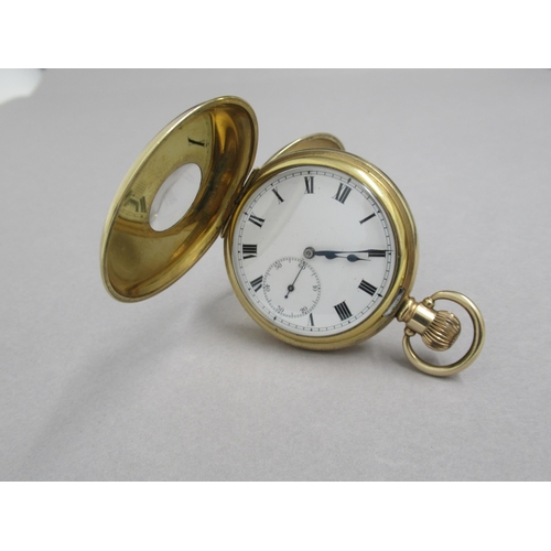 238 - A yellow gold plated half hunter pocket watch - 5cm - good overall condition, working in the saleroo... 