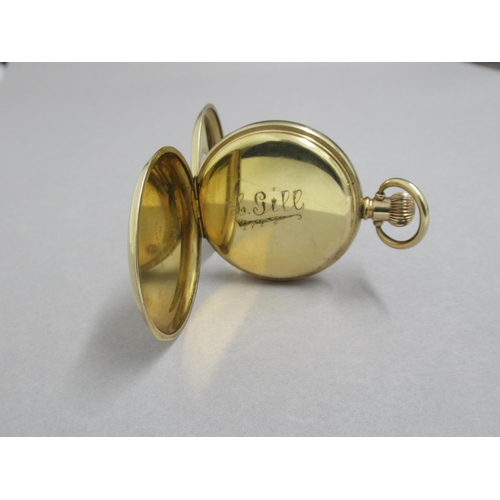 238 - A yellow gold plated half hunter pocket watch - 5cm - good overall condition, working in the saleroo... 