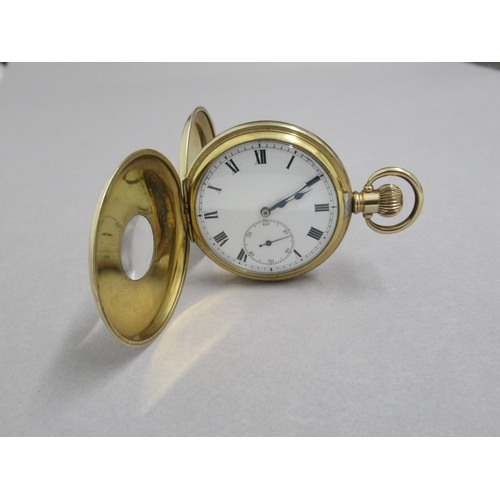 238 - A yellow gold plated half hunter pocket watch - 5cm - good overall condition, working in the saleroo... 