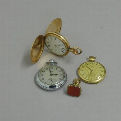 239 - Two gold plated pocket watches, neither currently working together with a gold plated fob seal and a... 